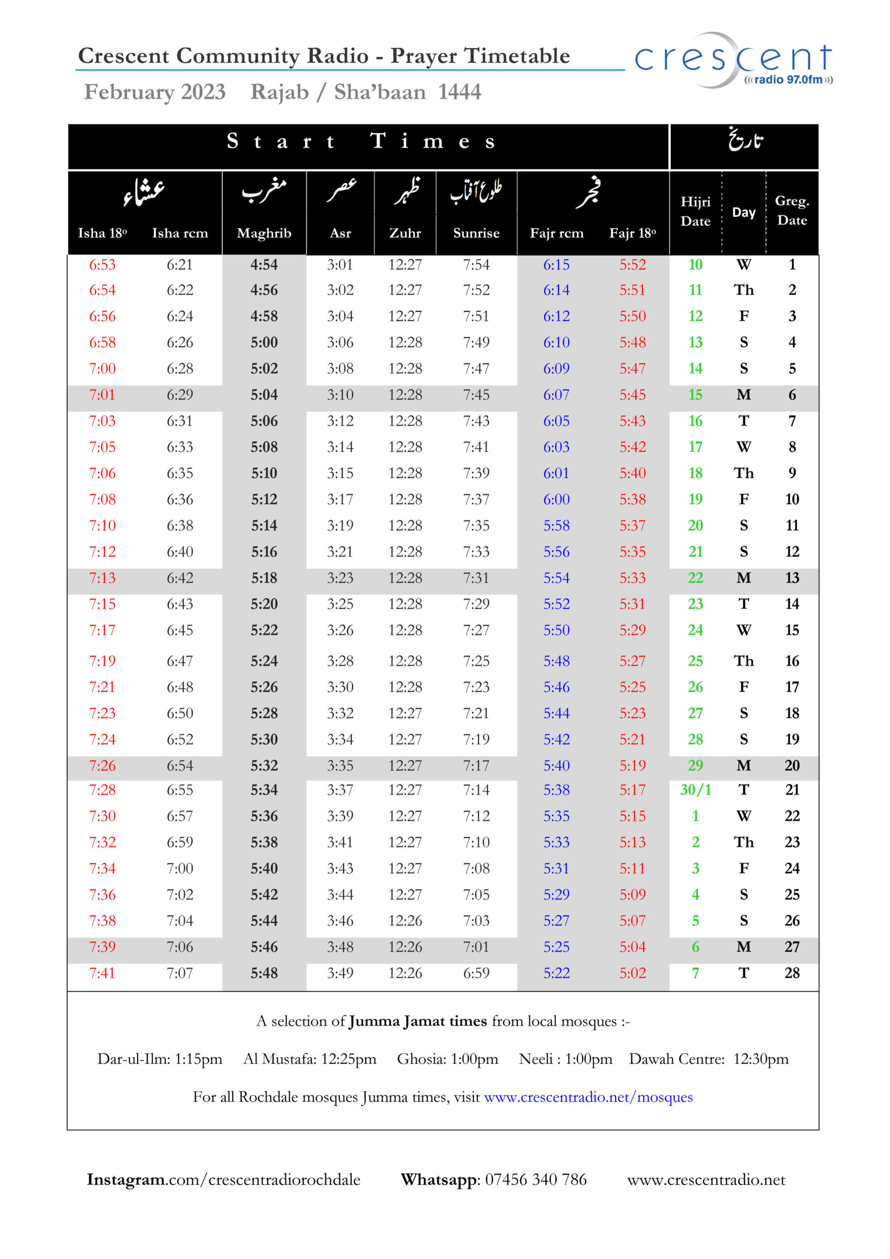 Crescent Prayer Timetable February 2023 Crescent Community Radio 97FM