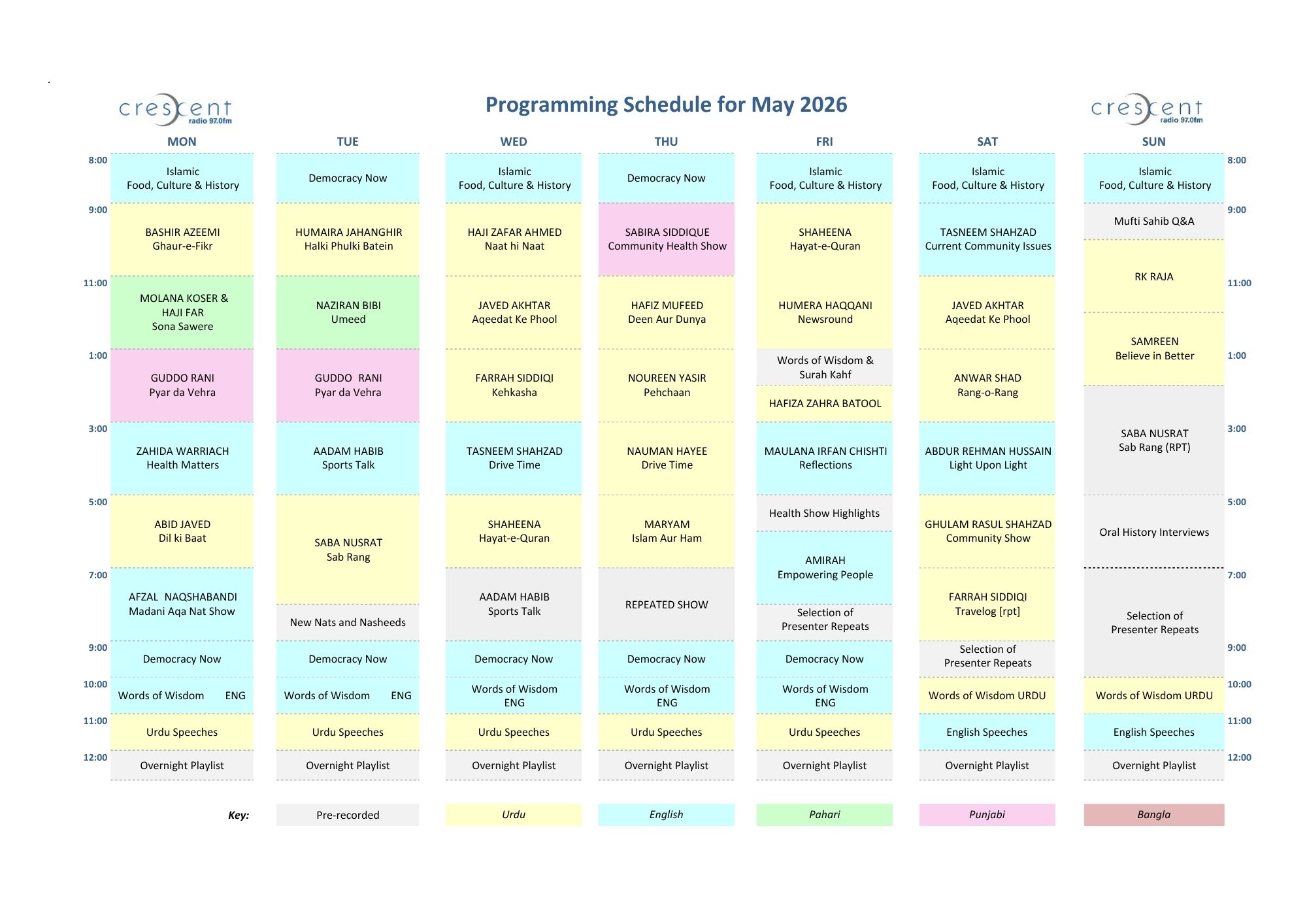 Current Programming Schedule May 2026 – Crescent Community Radio 97FM
